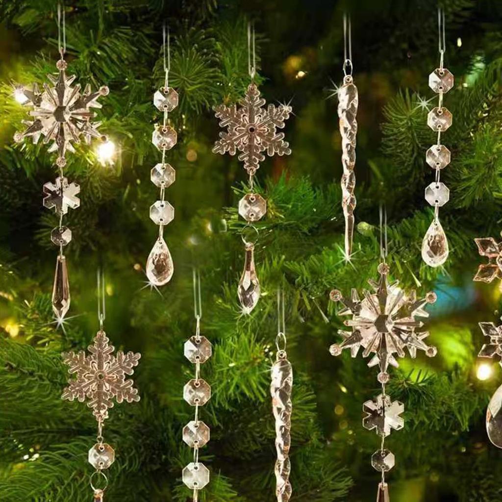 10 Pcs Christmas Tree Pendants with Strings Xmas Baubles Snowflake Icicles Hanging Ornaments for Christmas Party Wedding