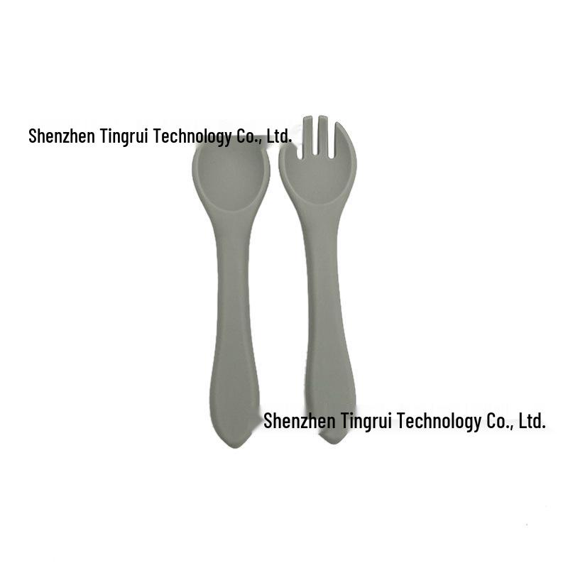 Child's Wooden Handle Silicone Fork & Spoon Set for Learning to Eat
