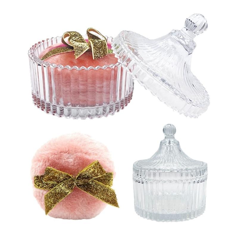 Large Body Powder Puff Glass Storage Jar With Dustproof Lid For Cosmetic Cotton Swabs Makeup Equipment