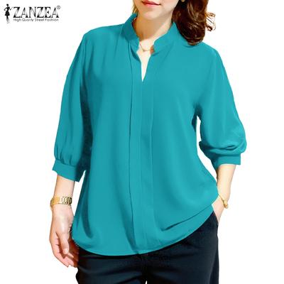 Women Turn Down Collar Loose Solid Color 3/4 Sleeve Blouse