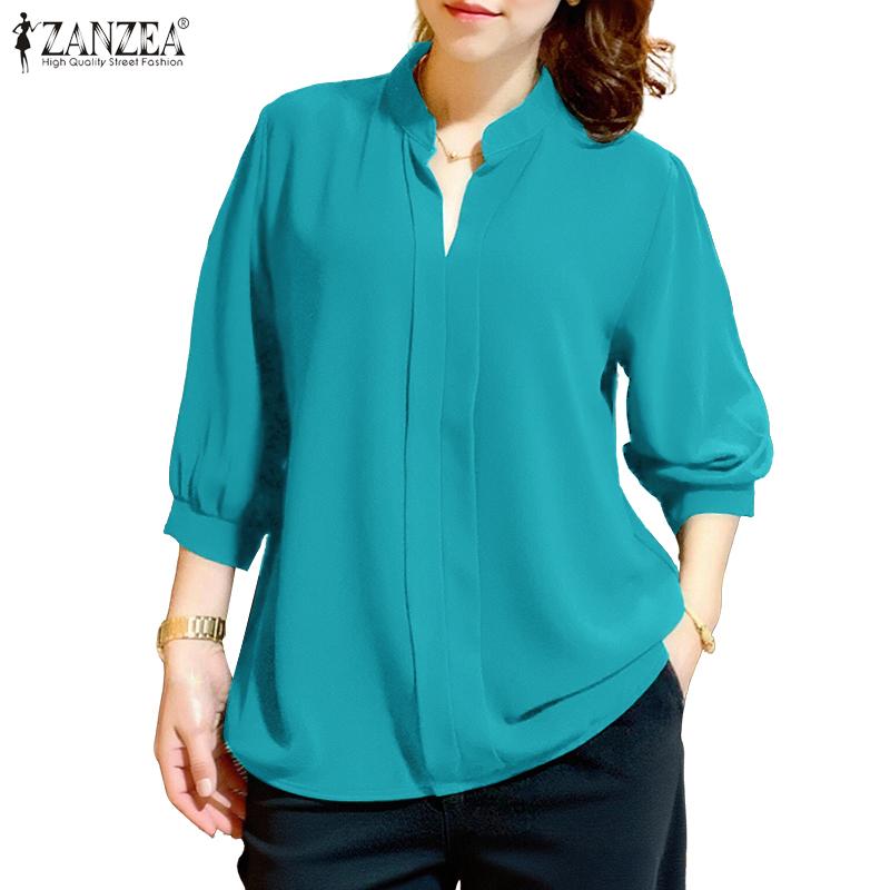 

ZANZEA Женская блузка с отложным воротником, свободного кроя, однотонная, с рукавом 3/4 S розовый