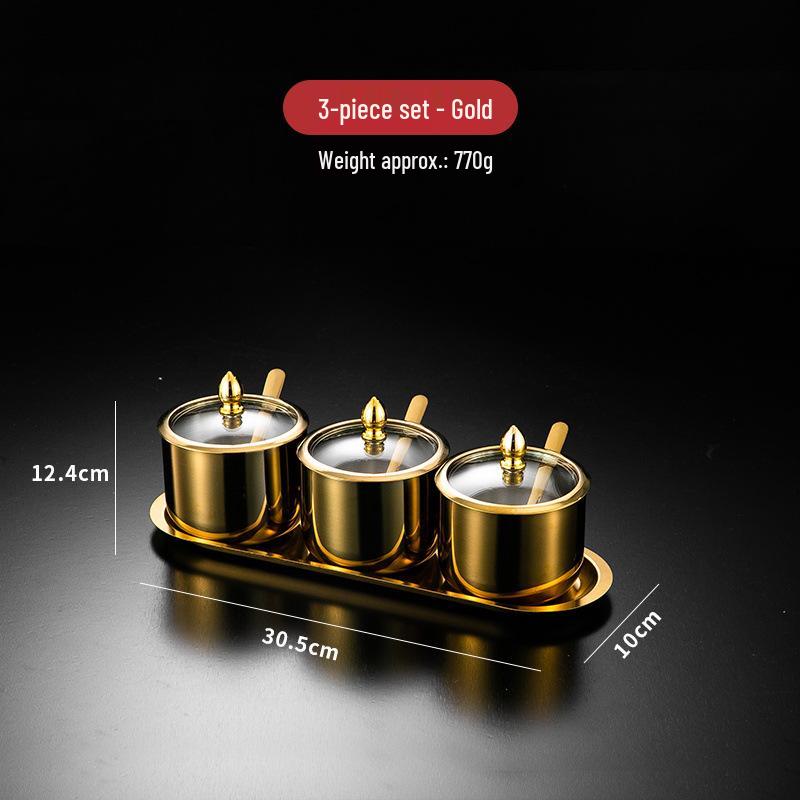 Luxury Korean 304 Stainless Steel Spice Jars: Salt & Oil Jar with Spoon, Gold Accent