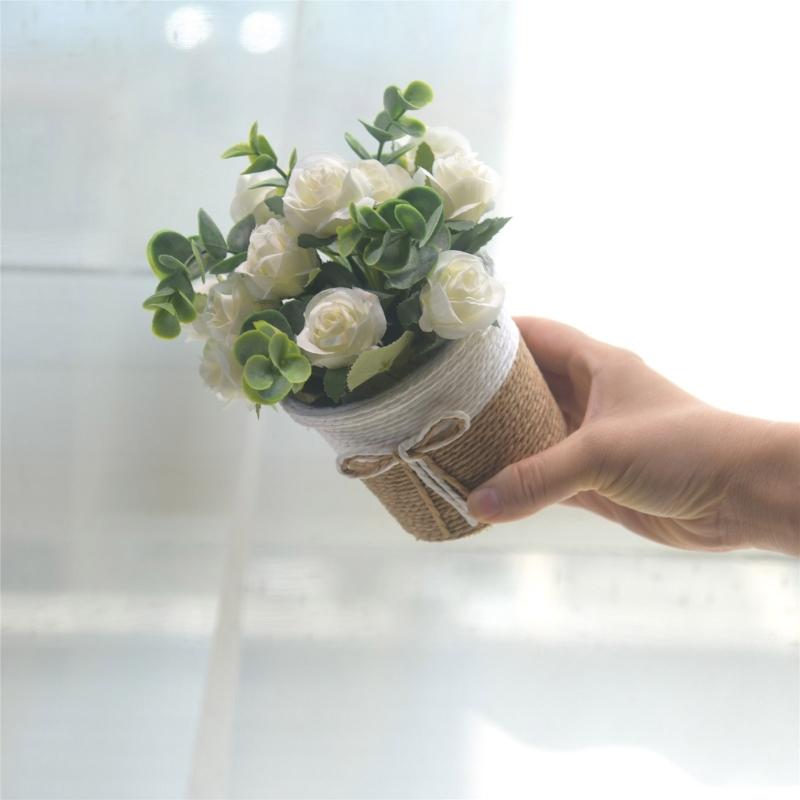 Artificial Rose Flower and Leaves Bouquets In Small Vase Faux Flowers Potted Plant for Home and Office Table Decoration