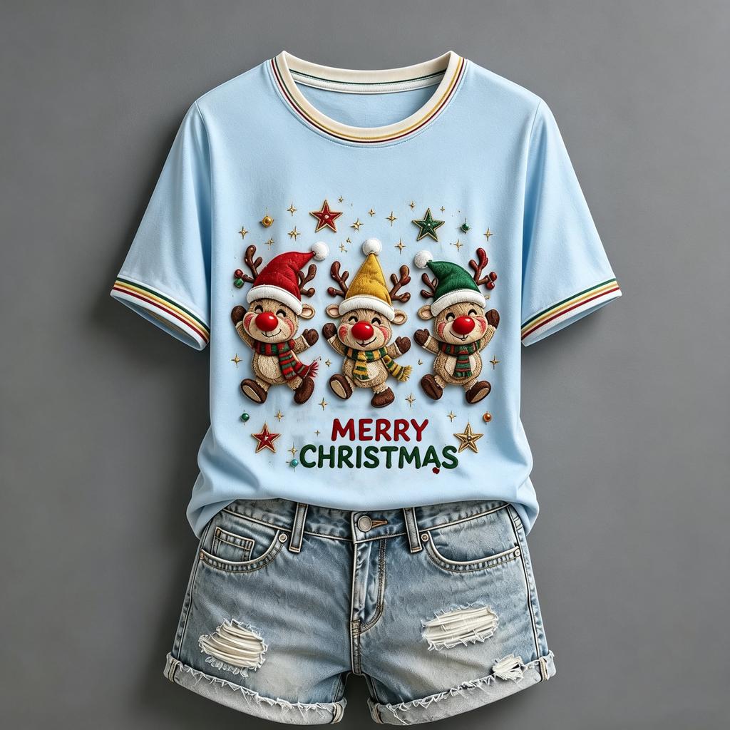 Women's Christmas Printed Round Neck Short Sleeve T-Shirt Casual Summer Holiday Top
