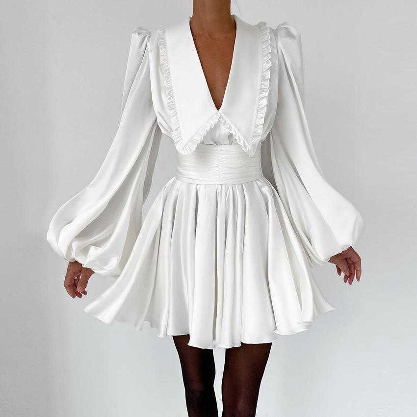 Summer new French court style satin dress V-neck bubble sleeve retro tutu skirt temperament women's clothing