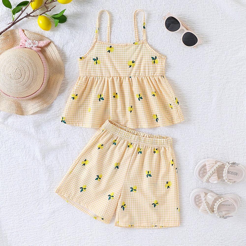 Peplum Hem Girls Two Piece Set Sleeveless Summer Clothes Skin-Friendly Gingham Outfit Summer Wear 5Y жёлтый