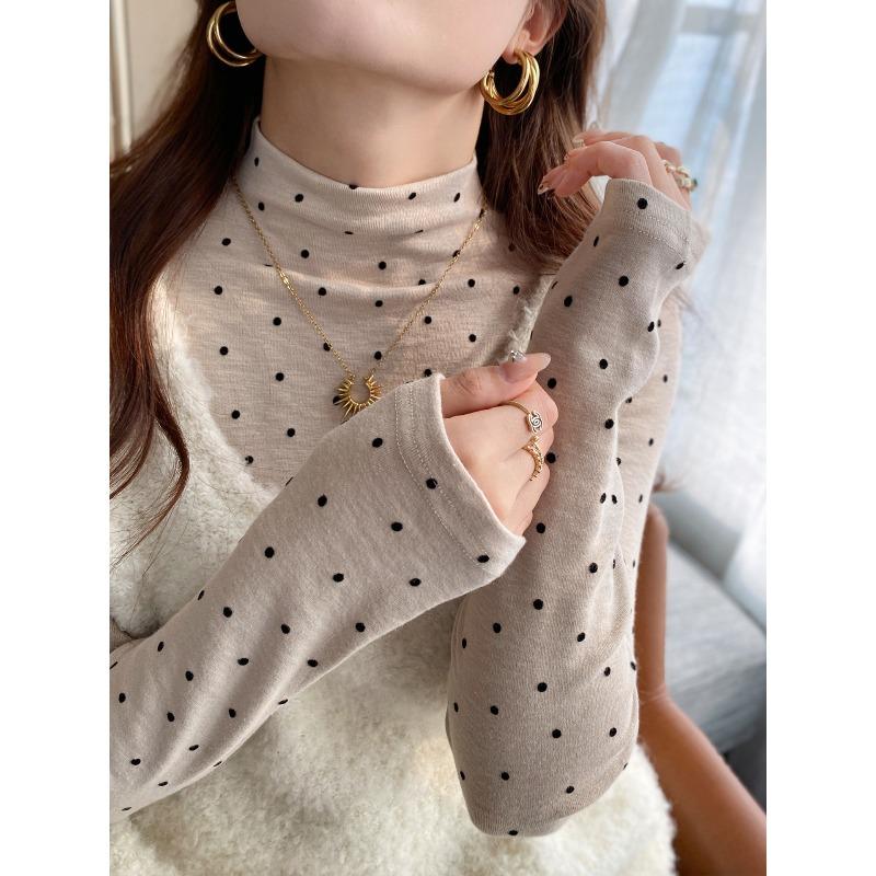 Semi-turtleneck Velvet Thickened Good-looking Korean Bottoming Shirt Women's Inner Winter New Long-sleeved Shirt Premium Polka Dot Top