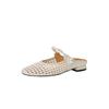 Krazing Pot Microfiber Mules Weaving Summer Size 41 Low Heels Pearl-studded Party Shoes Women Square Toe Gladiator Hollow Out Pumps