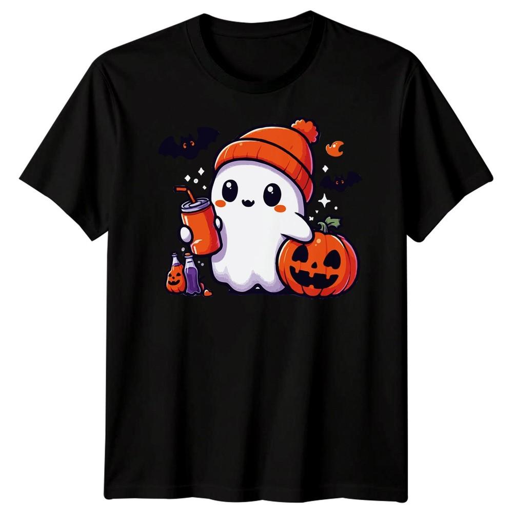 Halloween TShirt Ghost Pumpkin Iced Coffee Spooky Graphic Adults Kids Tee