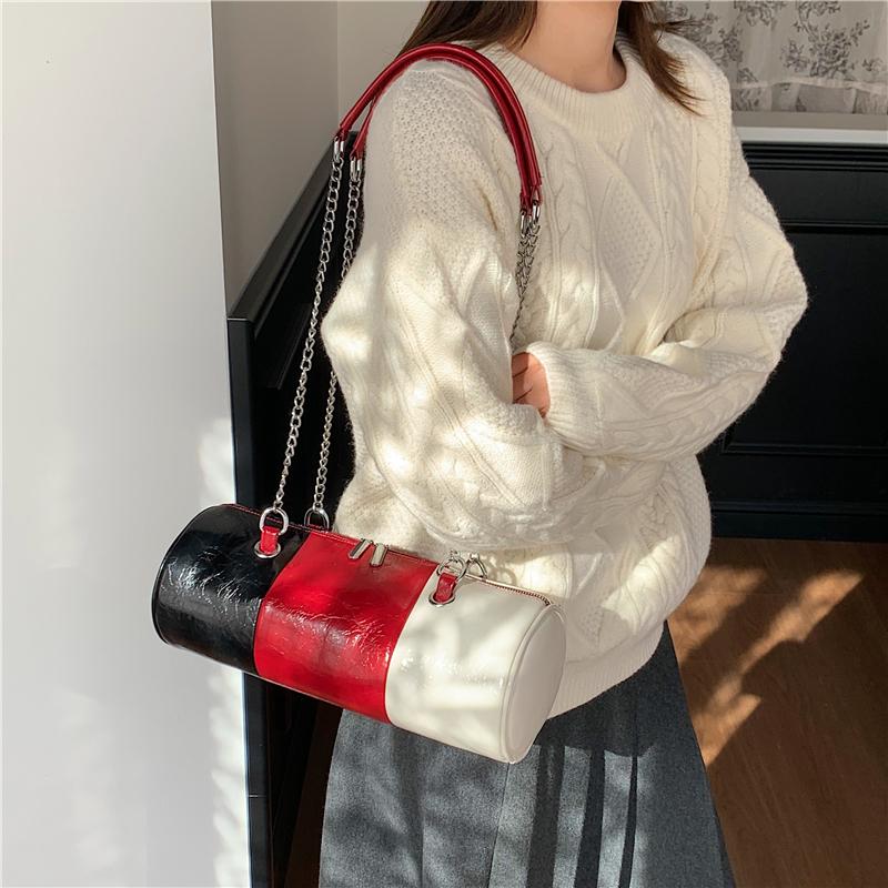 Bolsos de Hombro con Cadena de Moda Para Mujer Color de Contraste Cuero Pu Bolso de Mano Costura Tricolor Bolso Cilíndrico Casual Pequeña Capacidad Bolso Cruzado
