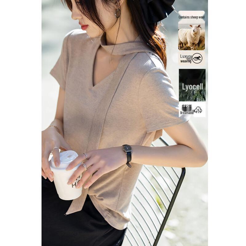 Women s Lyocell Wool Blend V-Neck Ribbon T-Shirt XL