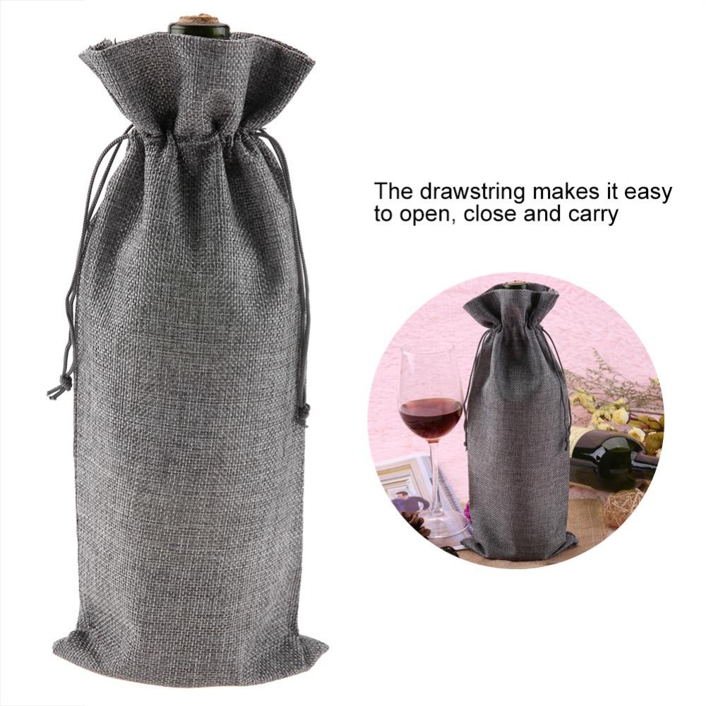 12pcs Grey Linen Fabric Wine Bag Drawstring Closure Burlap Wine Bag  Wedding Favors
