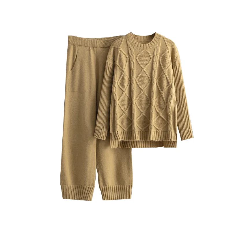 Suéter Grueso de Punto Retorcido Sólido Trajes de Dos Piezas para Mujer Top Cálido Holgado Pantalones Largos de Pierna Ancha Moda Francesa Casual Conjuntos de Punto