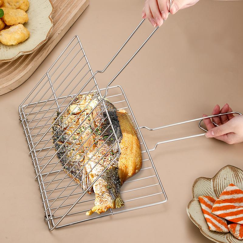 Stainless Steel Folding Barbecue Mesh Outdoor Grilled Fish Net Portable BBQ Tongs Cooking Accessories Vegetable Clip with Handle
