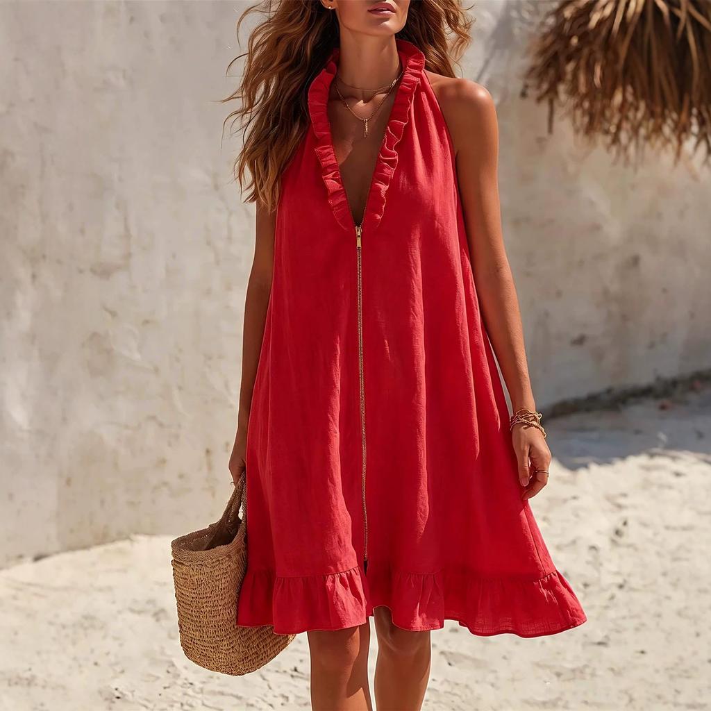 European and American style neck V-neck dress, front zipper ruffle edge loose and thin skirt