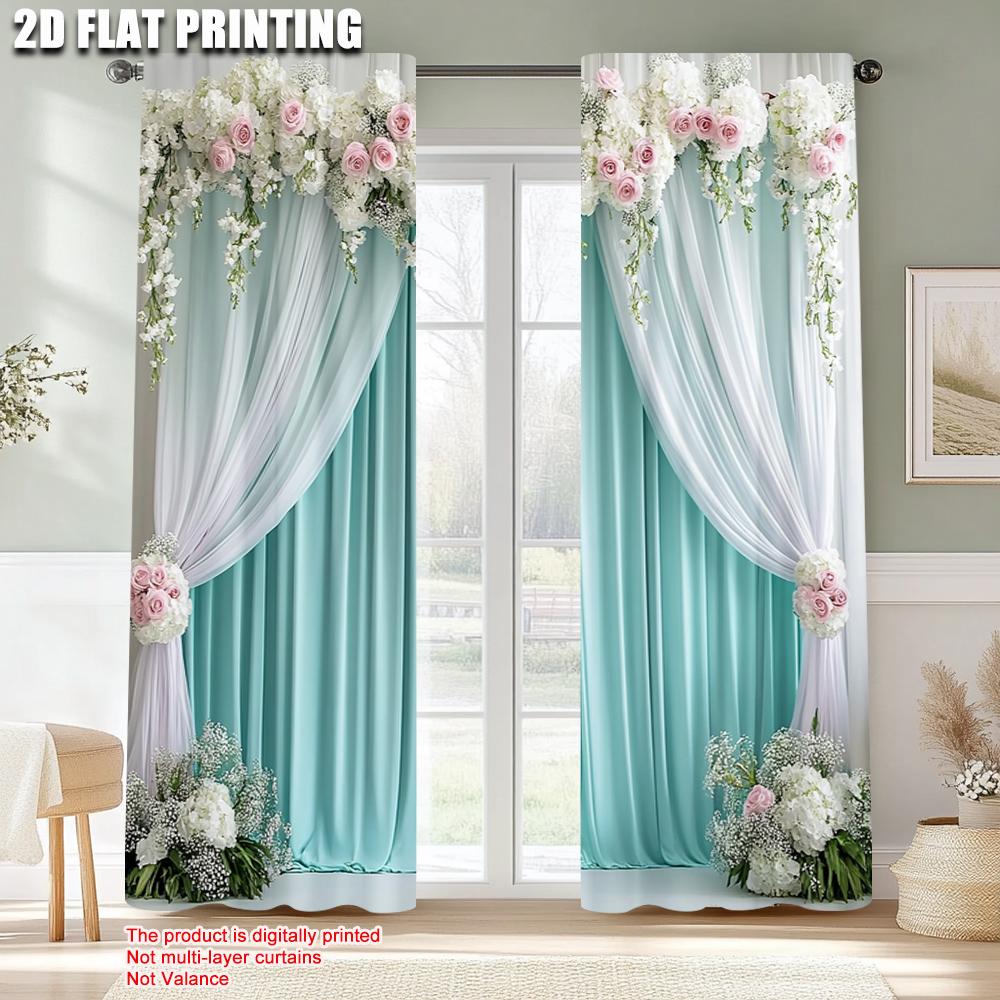 2pcs   Light Filtering Curtains 2D Print Elegant Green and White Curtain Fabric (without Rod) Thermal Insulation   and Room