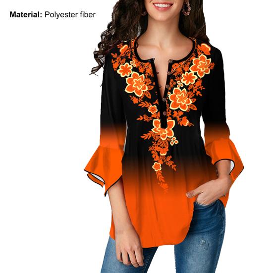 Vintage Shirt Gradient Color Printing Irregular Flare Sleeve Women Slim All