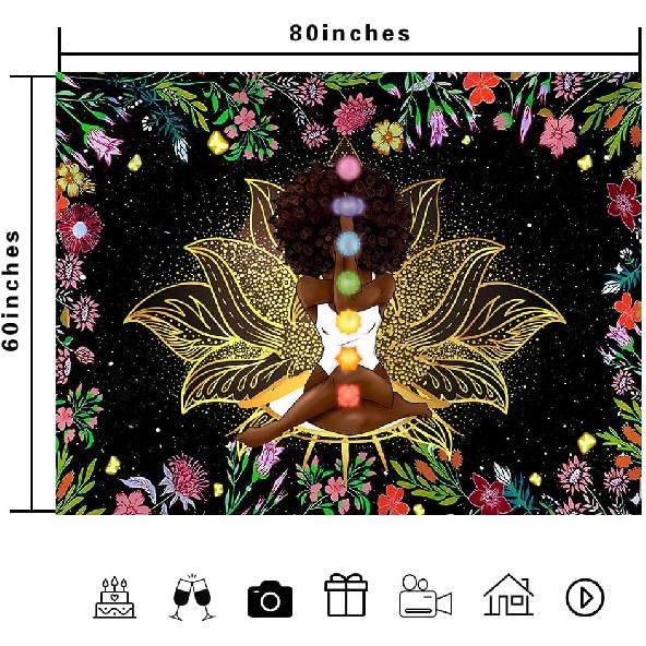 Ine Ive African Chakra Tapestry African American Woman Zen Meditation Tapestries 80x60 Inch Starry Sky Flower Garden Inspirational Afro Yoga Wall Art