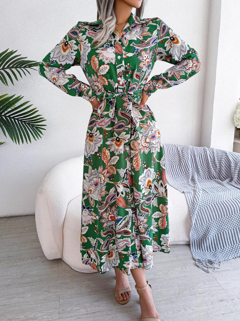 Turndown Collar Print Flower Button Dress High Waist Elegant  Shirt Dress for Women Long Sleeve Loose Dresses Causal Dress