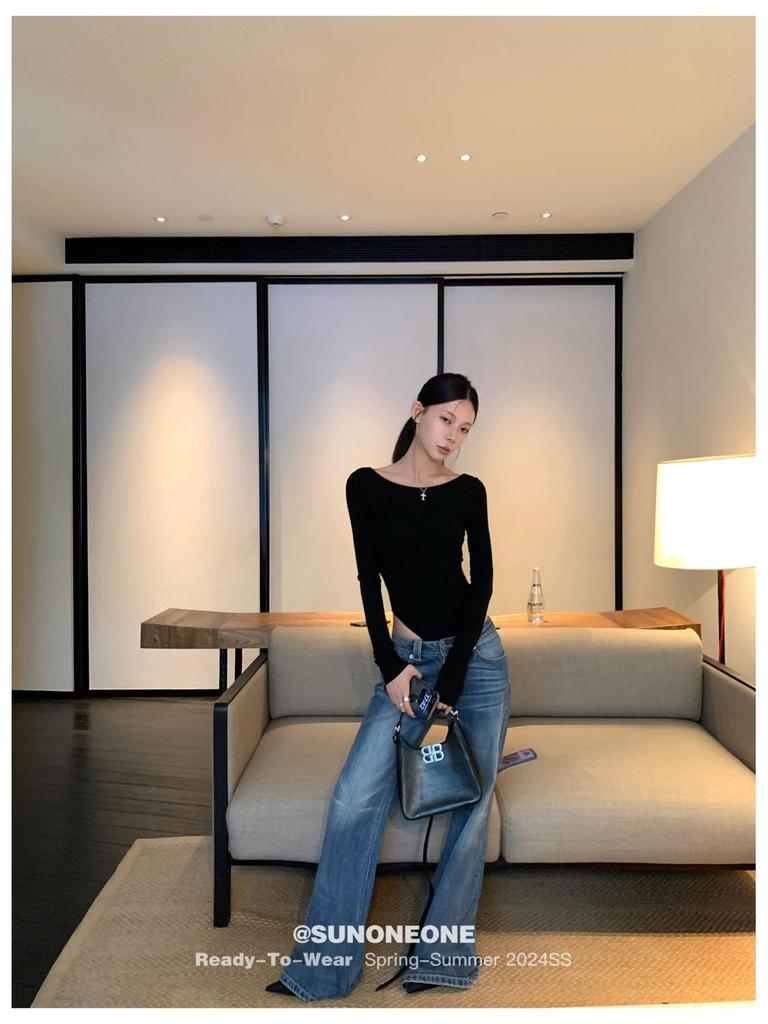 Women's Sexy Twisted Long-Sleeve Bodysuit with Chest Pads, Cross Back, Collarbones Showcase, Crotch Opening, European & American Style.