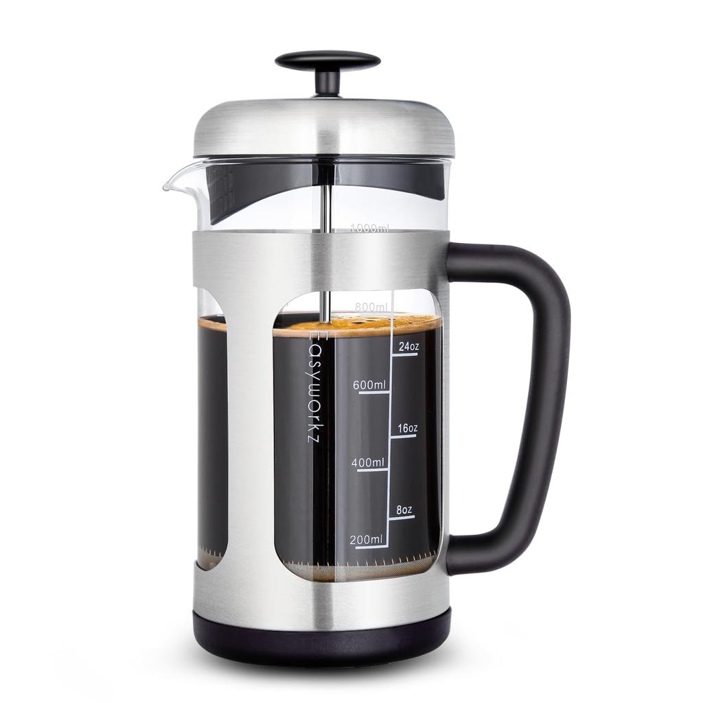 Easyworkz French Press, Stainless Steel, Heat-Resistant Glass, Soft Grip, 1000ml (8 Cups), Silver
