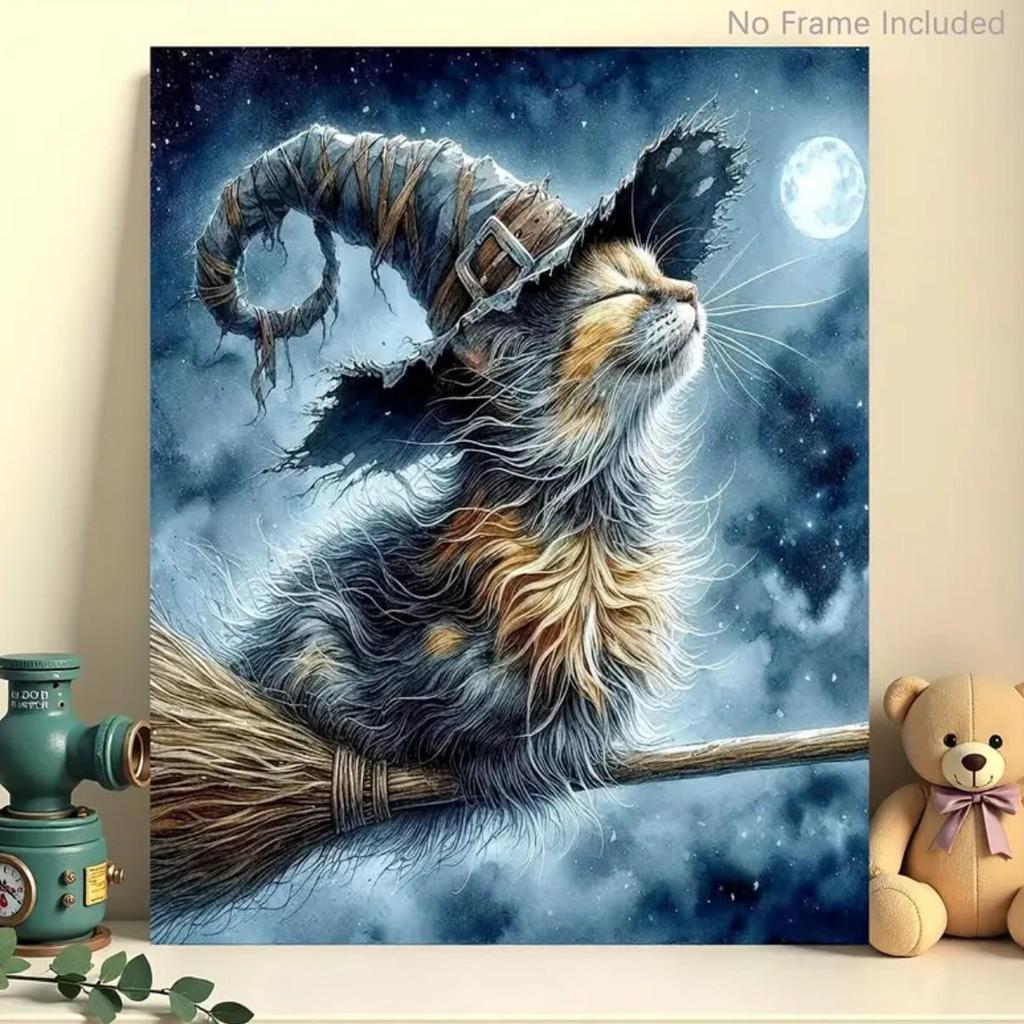 Halloween Cat Oil Painting on Canvas with Pine Wood Frame