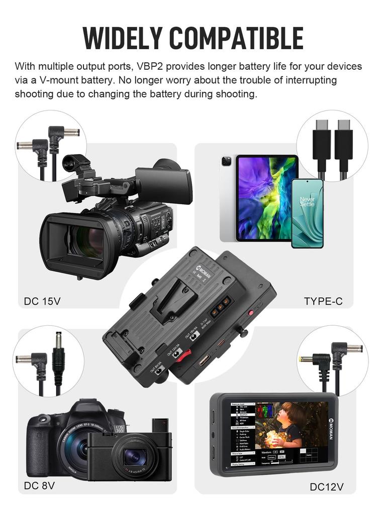 Пластина Moman VBP2 з подвійним виходом DC на 15-мм стрижні, включає 4 DC-кабелі, для цифрових дзеркальних камер BMPCC, відеокамер, затискач V-Mount, вихід D-Tap 14.8V,