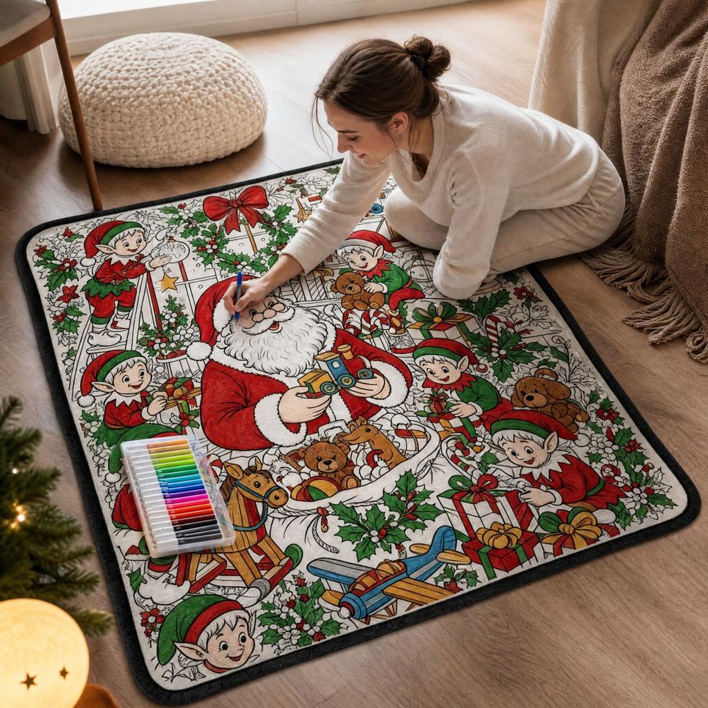 Christmas Doodle Coloring Blanket with Watercolor Pens, Soft Velvet for Creative Fun, 150 130 Cm
