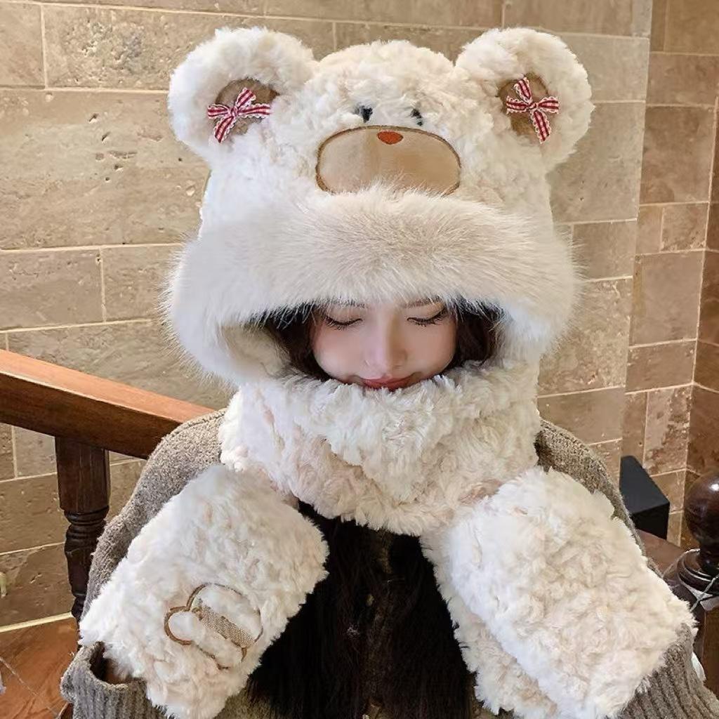Cute bear hat scarf integrated women's autumn and winter plush thickened warm scarf ear protection Lei Feng hat