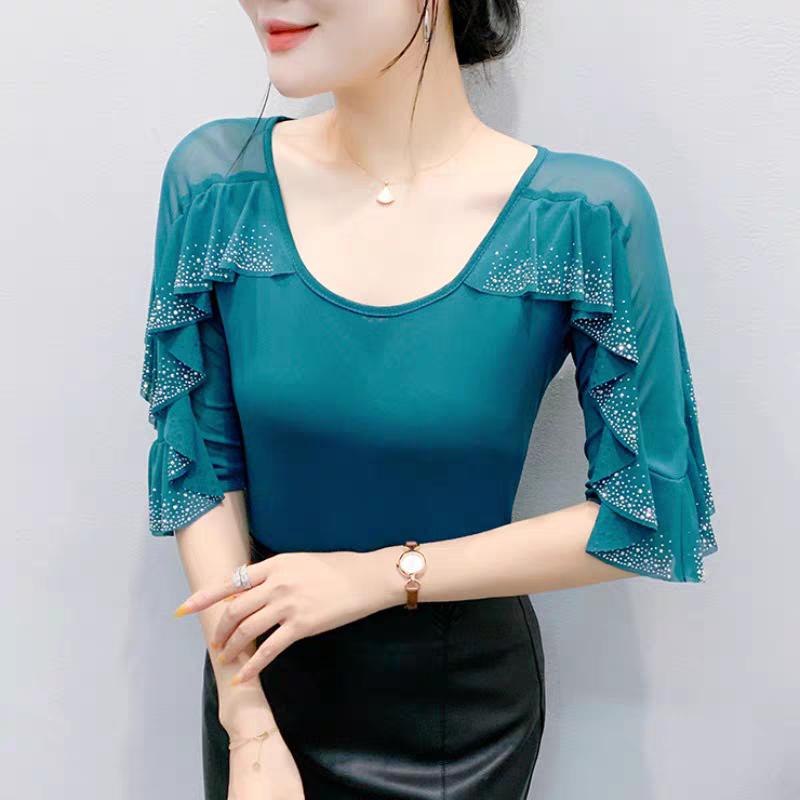 New Summer Streetwear Girl Chic Ruffled Hot Diamonds T-Shirt Clothes Fashion V-Neck Half Sleeved Mesh Tops Women's Tees Blusas