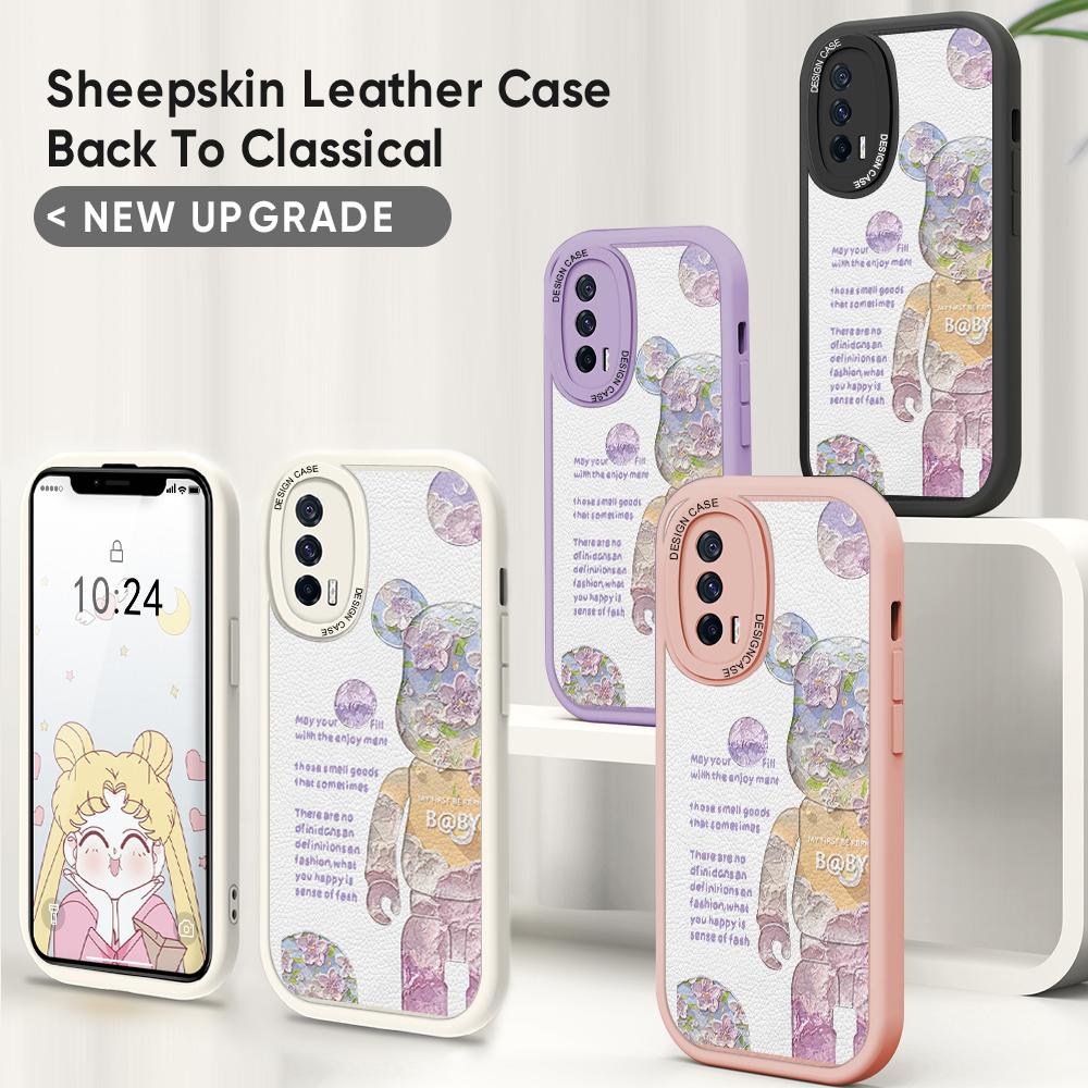 Purple Flower Cute Bear PU Leather Phone Case for iPhone 15 14 13 12 Pro Max Samsung Galaxy S23 Ultra S20 FE A52 Redmi Xiaomi POCO Soft Cover