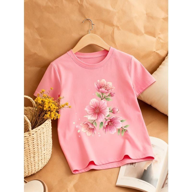 European sizes Girl's Round Neck T-Shirt with Fresh Pink Floral Pattern, Comfortable Casual Style, an Excellent Choice for a Natural Look