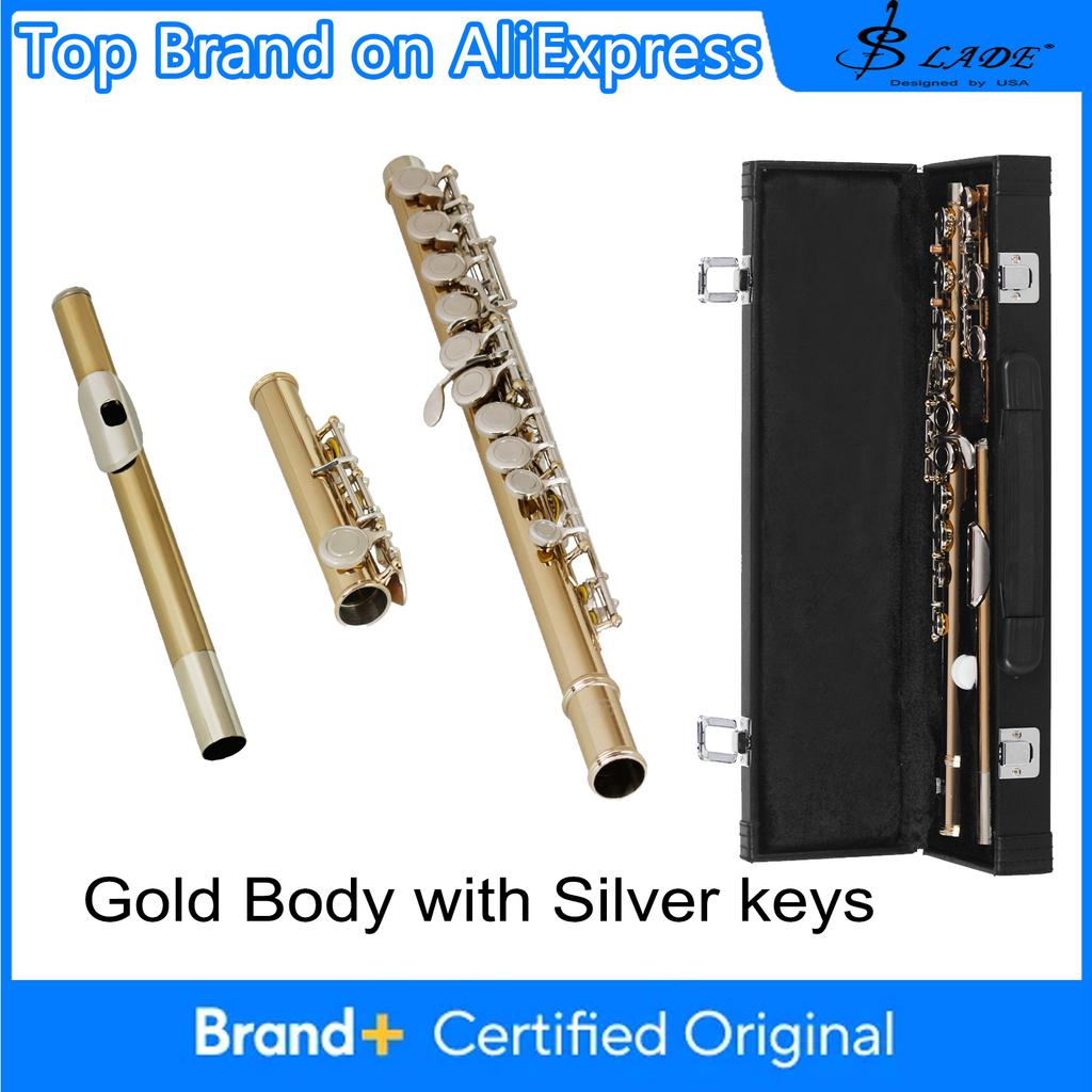 SLADE Sliver Flute 16 Closed Holes Flute C Key Gold Tube Key Flute Professional Wind Instruments Transverse Flute with E Key