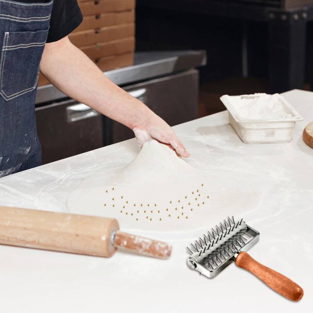 Stainless Steel Pizza Dough Roller with Wooden Handle Professional Baking Tool for Pie Pastry Bread Needle Puncher
