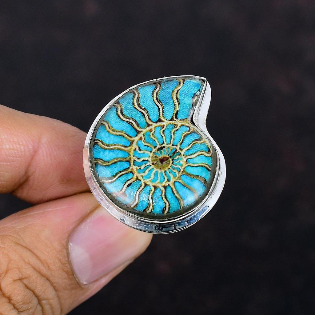 Blue Turquoise In Ammonite Fossil Ring 925 Sterling Silver Ring Adjustable Ring Silver Jewelry Handmade Real Gemstone Ring Engagement Gifts