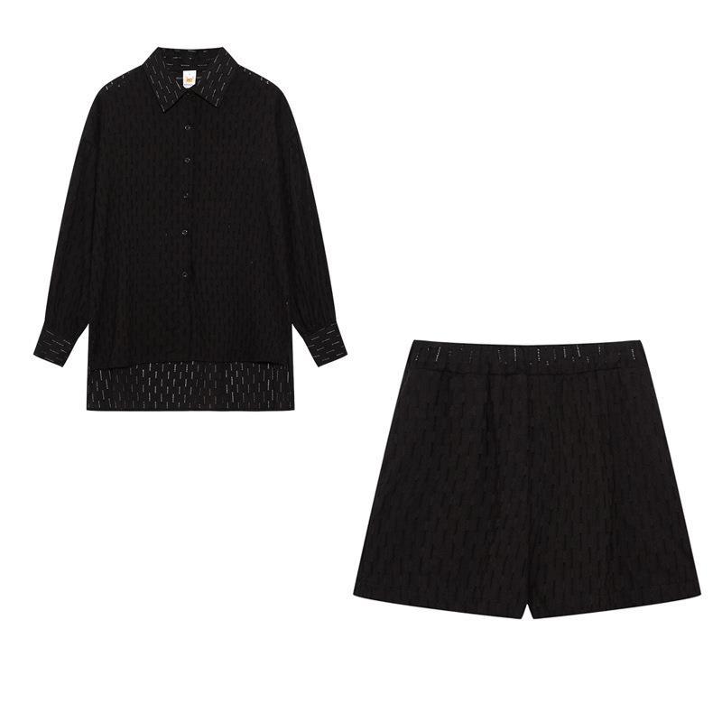 Herbst Damen Europa und die Vereinigten Staaten Hemd Set Jacquard Puffärmel Top Shorts Pendler Sinn Lässiger Anzug