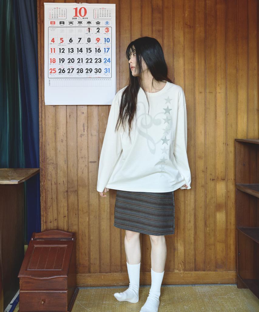 MIHEV Music Note Graphic Oversized Long Sleeve Cream