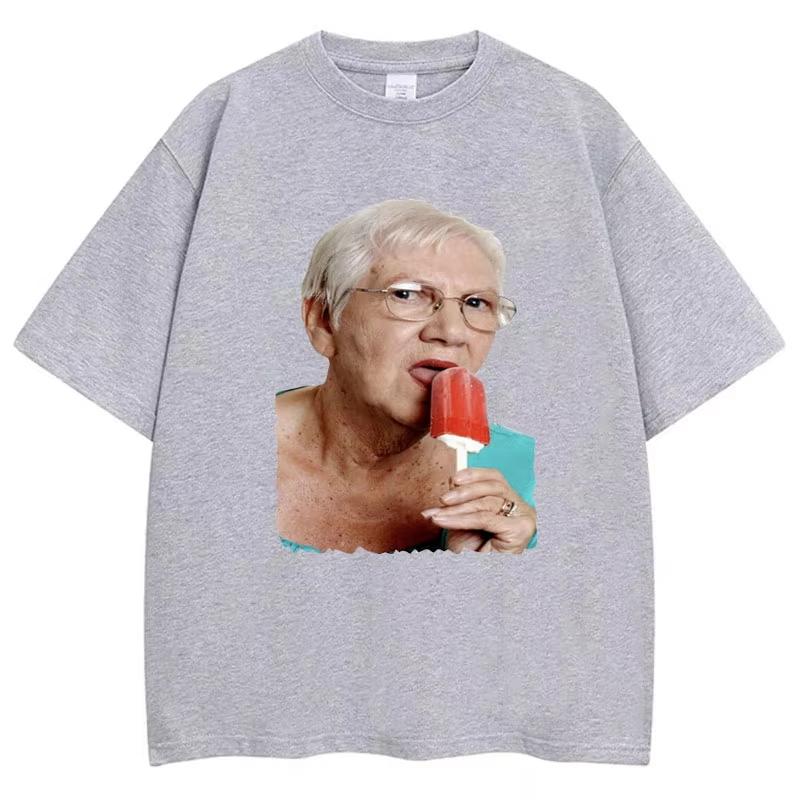 Funny Grandma Licking Red Popsicle Meme T Shirt Cute Granny Ice Cream Humor T Shirts Casual Cotton Oneck Tees Unisex
