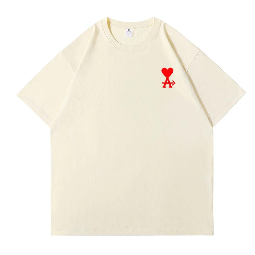 2D Pure Cotton High-quality Round-neck Korean Trendy Brand Red Heart-shaped Unisincter T-shirt for Both Men and Women