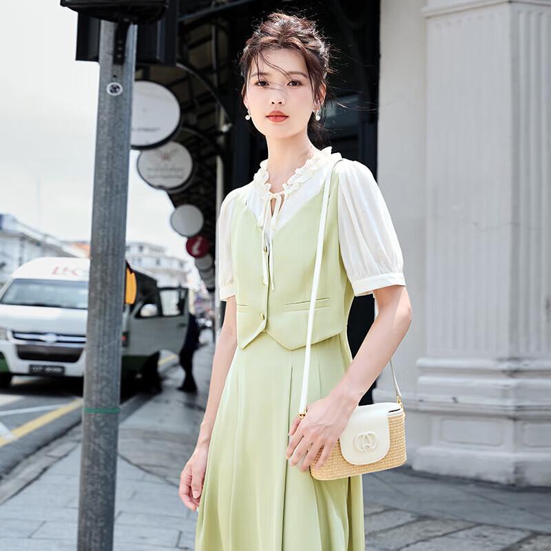 Women s Faux Two-Piece Puff Sleeve A-Line Dress S