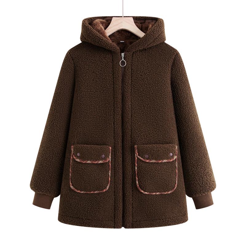 Middle-aged Women's Faux Lamb Wool Lined Hooded Winter Jacket