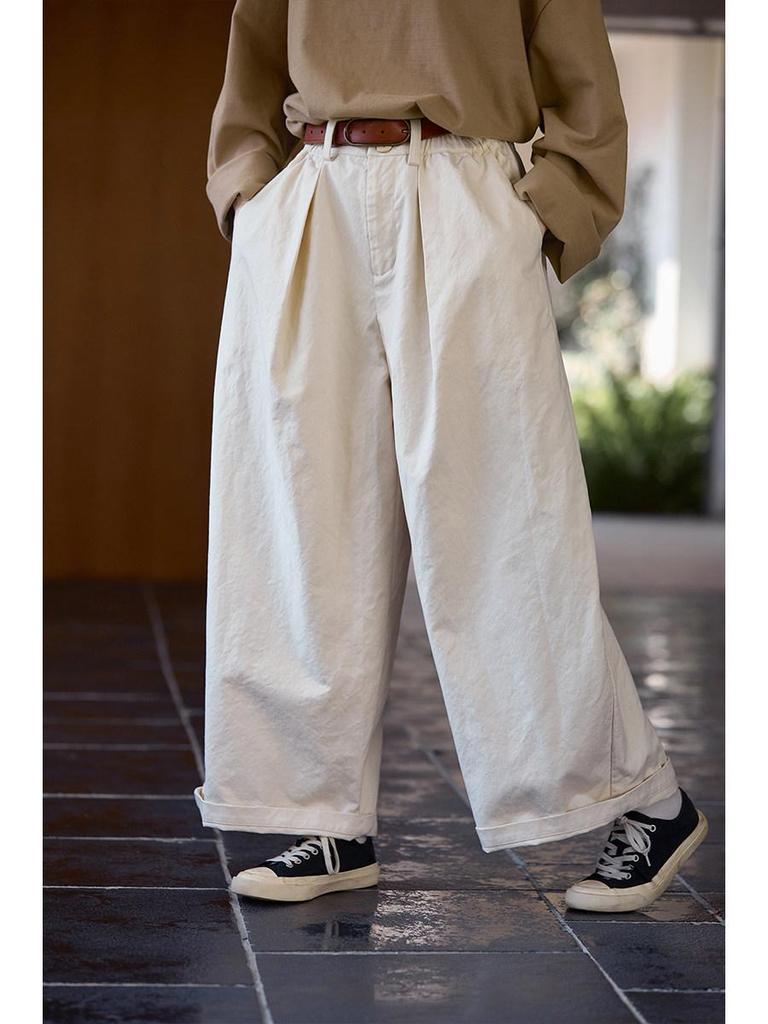 New Folk Craft Jade White Retro Wide-Leg High-Density Elastic Waist Long Pants for Autumn/Winter