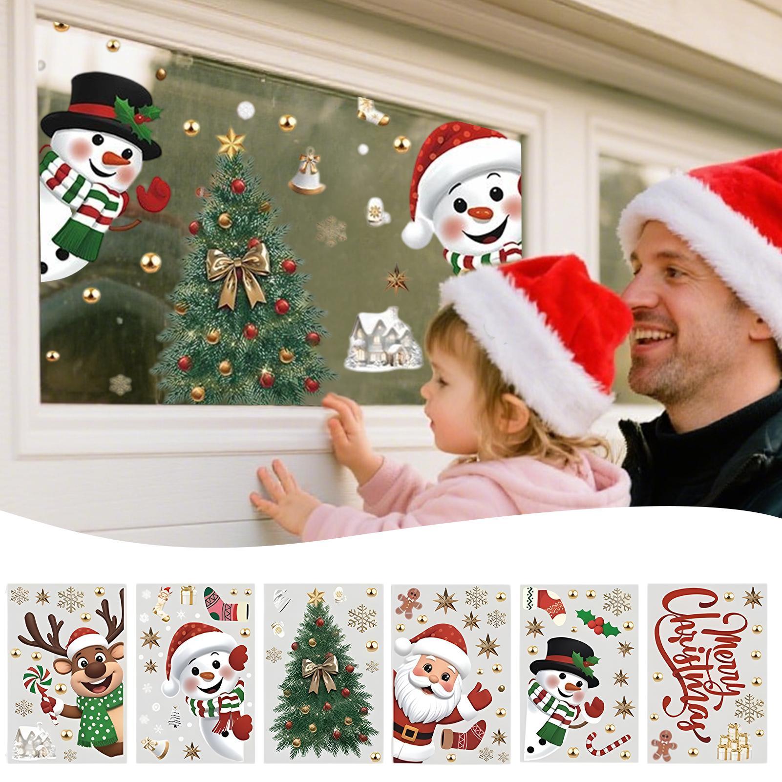 

6PCS Christmas Window Stickers Snowflake Santa Claus Reindeer Tree Snowman Stickers Self-Adhesive Reusable Window Decals CN