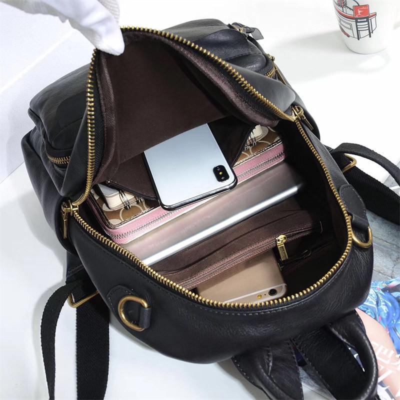 Genuine Leather Women's Backpack Solid Color Vintage Design Student Bag Fashion Backpacks