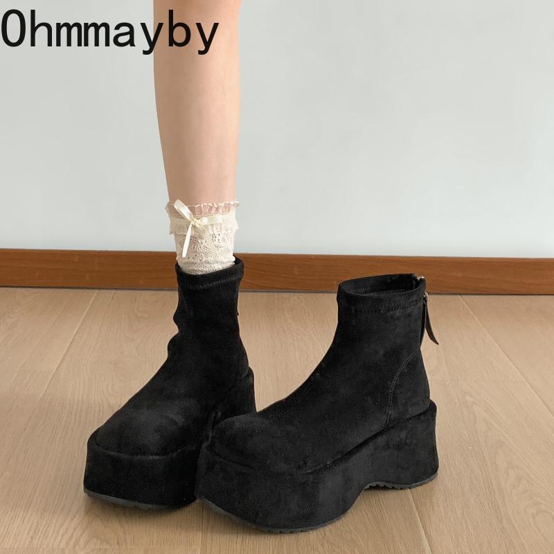 Vintage Plateau Dicke Sohle Damen Stiefeletten Komfort Runde Zehenpartie Kleiderschuhe Herbst Winter Schlank Höhenerhöhend Kurz Botas