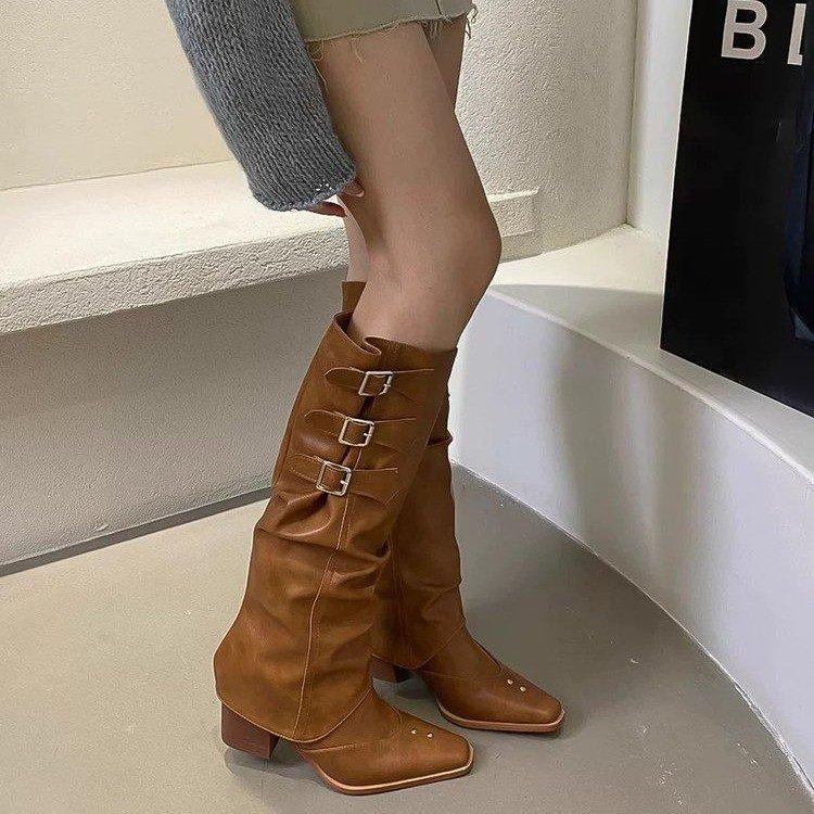 The boot can be removed~ two wear thick heel high boots women's French square head belt buckle trouser tube boots slim retro boots