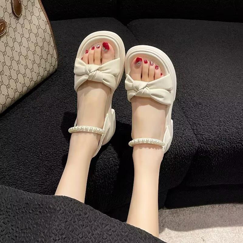 thick-soled pearl sandals, new summer outer wear heightening Roman shoes, bow outer wear soft-soled beach shoes