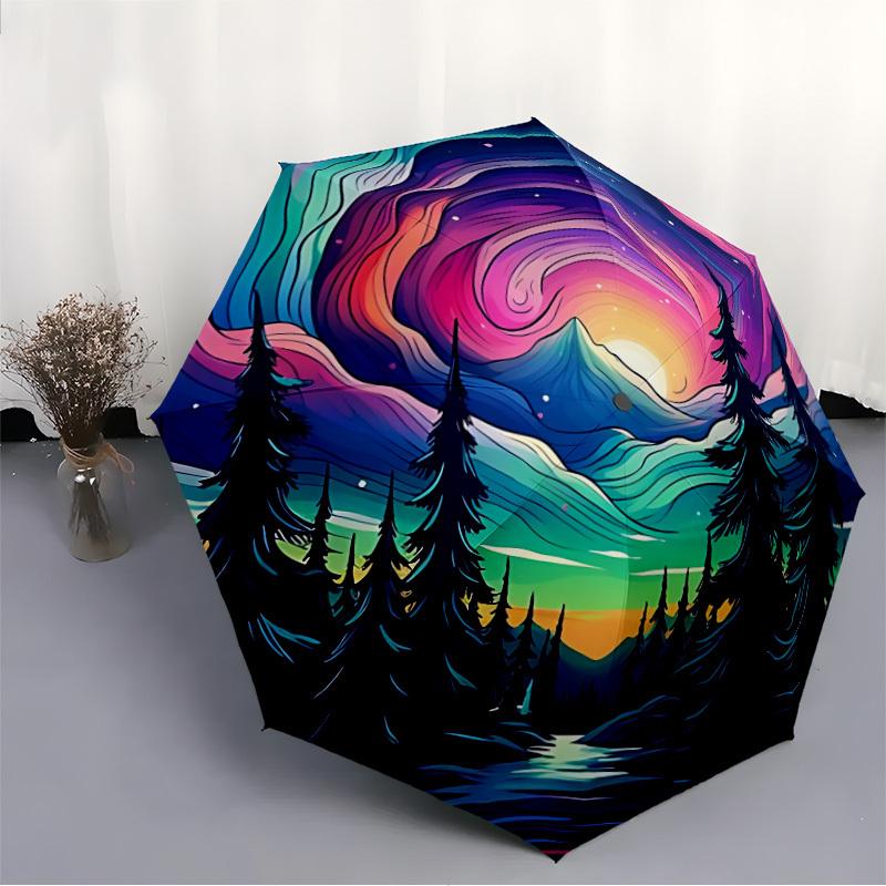 1pc Aurora Forest Automatic Folding Umbrella, Sturdy And Durable Automatic Folding Umbrella with 8 Ribs, Convenient for Outdoor Use060