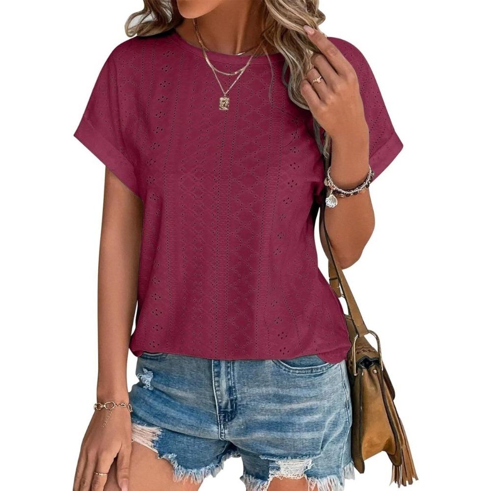 Top Eyelets Summer Spring Curved Hem, Casual Women's Short Sleeved Fashionable T-shirt Beach Vacation Short Style