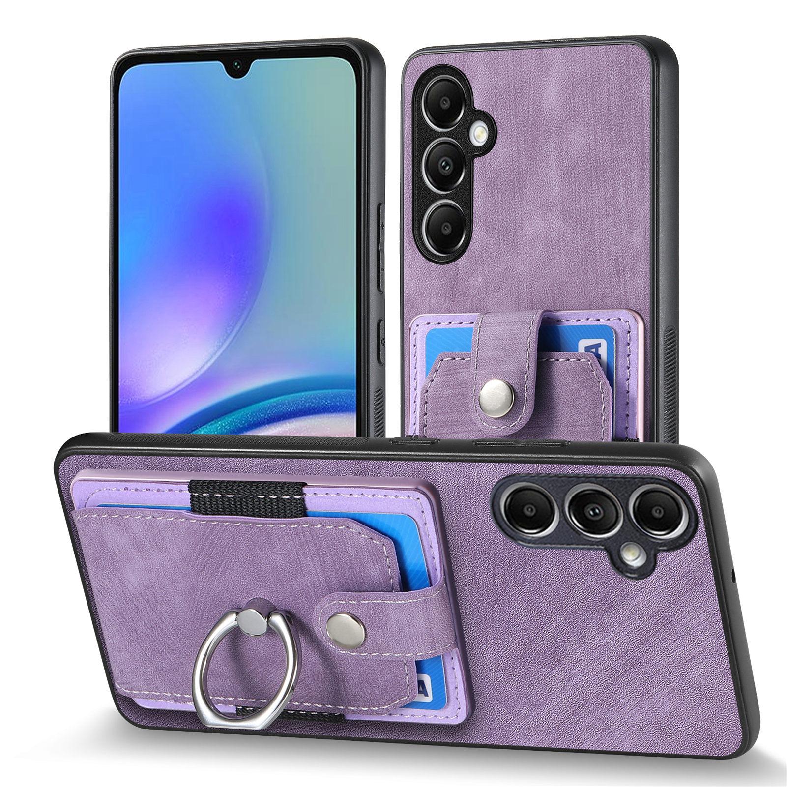 

D2 For Samsung Galaxy A55 5G Phone Protective Case Ring Card Holder Kickstand Protection Cover Purple